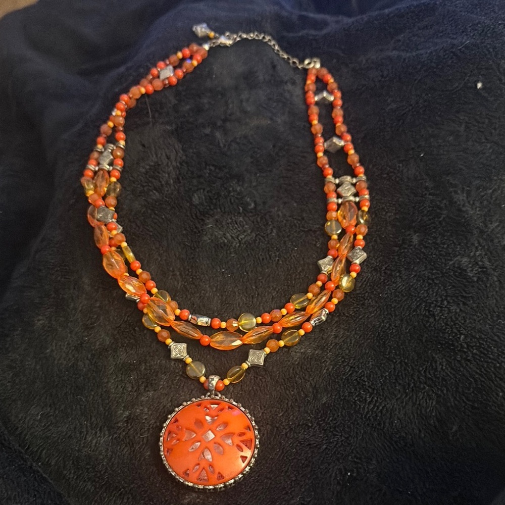 Vintage Western Style Orange and Silver Multi-Strand Necklace
